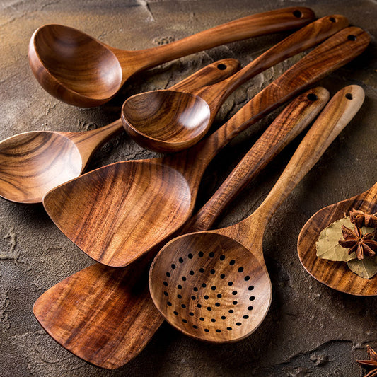 Kitchen-in-a-Box 7-Piece & 4-Piece Teak Wood Cooking Utensil Sets - Elegant Wooden Spoons, Spatulas, Ladles, and More!