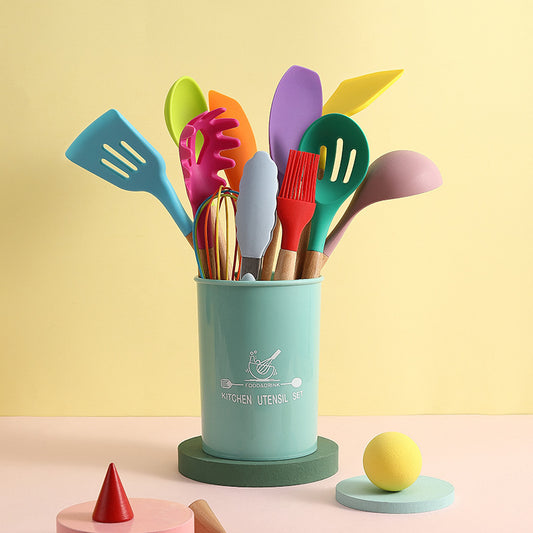 Kitchen-in-a-Box 12-Piece Wood-Handled All-In-One Silicone Kitchen Utensil Set w/Storage Container - Multi-Color Fun, Practicality, and HUGE Savings!