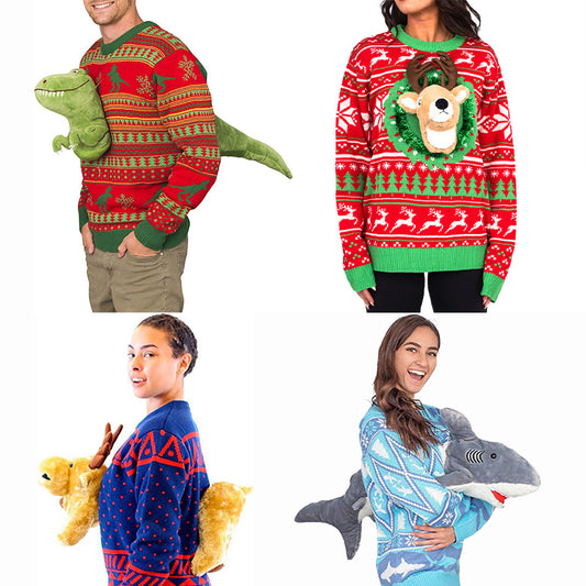 Hilarious 3D Ugly Christmas Sweaters -  T-Rex, Shark, Reindeer or Dog w/Antlers Designs!