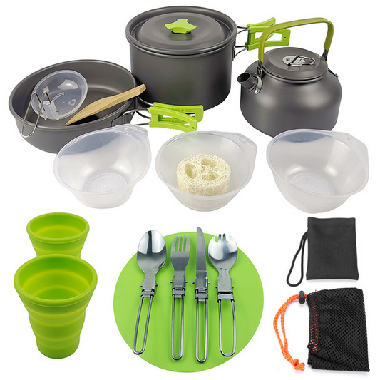 Nesting Outdoor Camping, Hiking, & Picnic Cookware & Tableware Set - Combines Into Easy To Carry Package!
