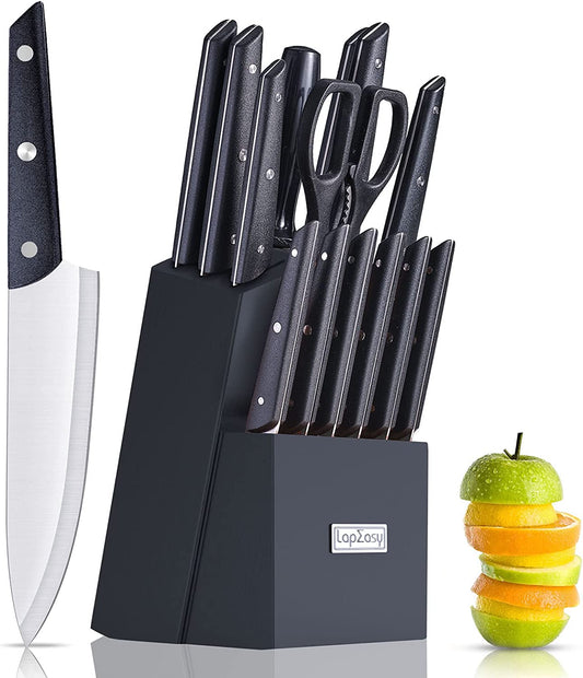 15 Pieces Kitchen Knife Set With Pine Block, Knife Block Set With Sharpener,  High quality german Stainless Steel Knives With Comfortable-Grip